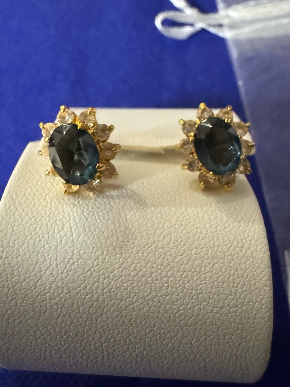 Gold Floral Blue Stone Stud Earrings - Women Jewelry -NWT comes w/in mesh pouch